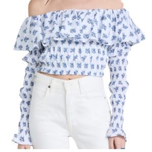 NWT Caroline Constas Lydia Top Blue Toile Spot